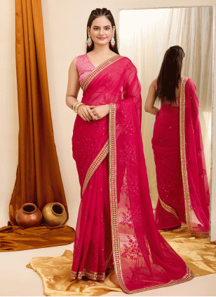 Organza Pink Embroidered work Traditional Saree