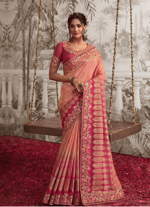 Peach and Pink Embroidered Traditional Saree