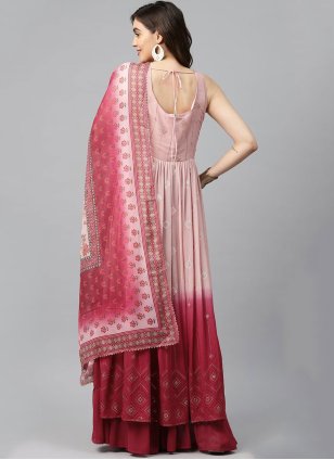 Peach and Pink Georgette Embroidered Readymade Salwar Kameez