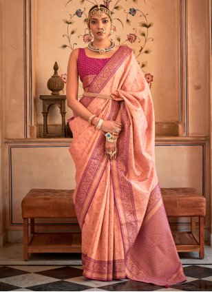 Peach Banarasi Silk Weaving Contemporary Sari