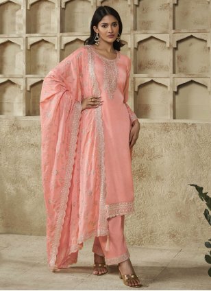peach chinon embroidered salwar suit 98341