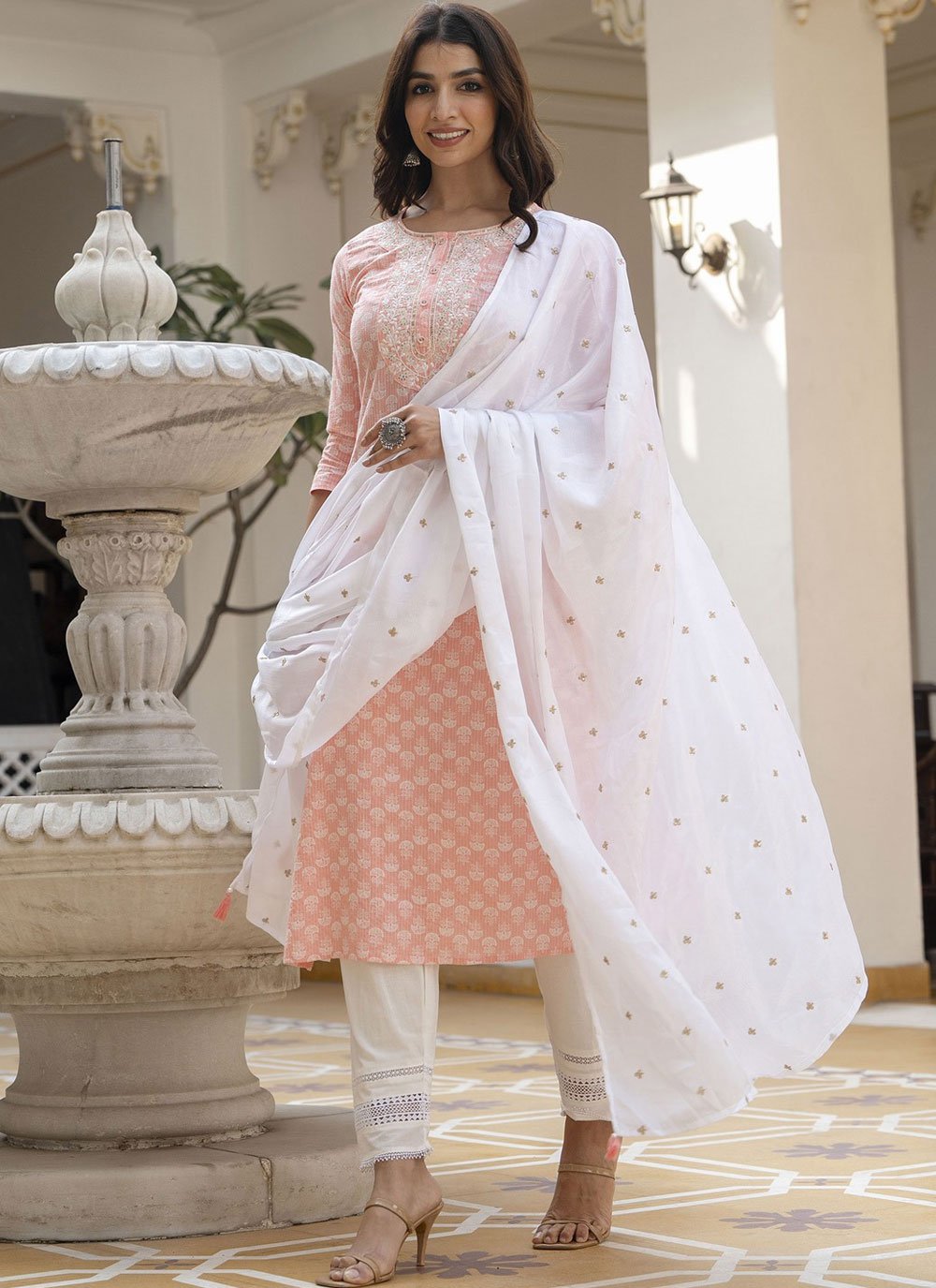 Peach Embroidered Cotton Churidar Designer Suit buy online - Salwar Kameez
