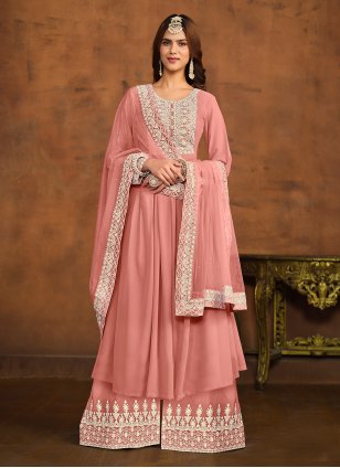Peach Georgette Embroidered Palazzo Salwar Suit
