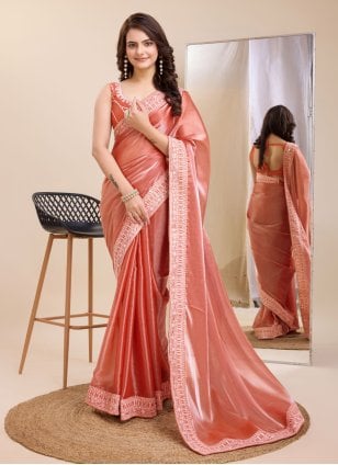 Peach Silk Embroidered Trendy Sari