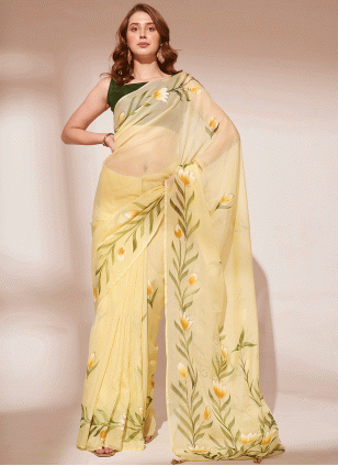 Perfect Yellow Printed work Traditional Saree