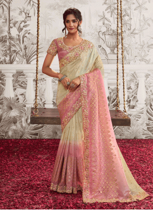 Pink and White Fancy Work work Traditional Saree