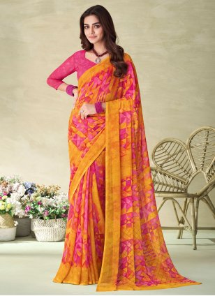 Pink and Yellow Chiffon Printed Casual Sari
