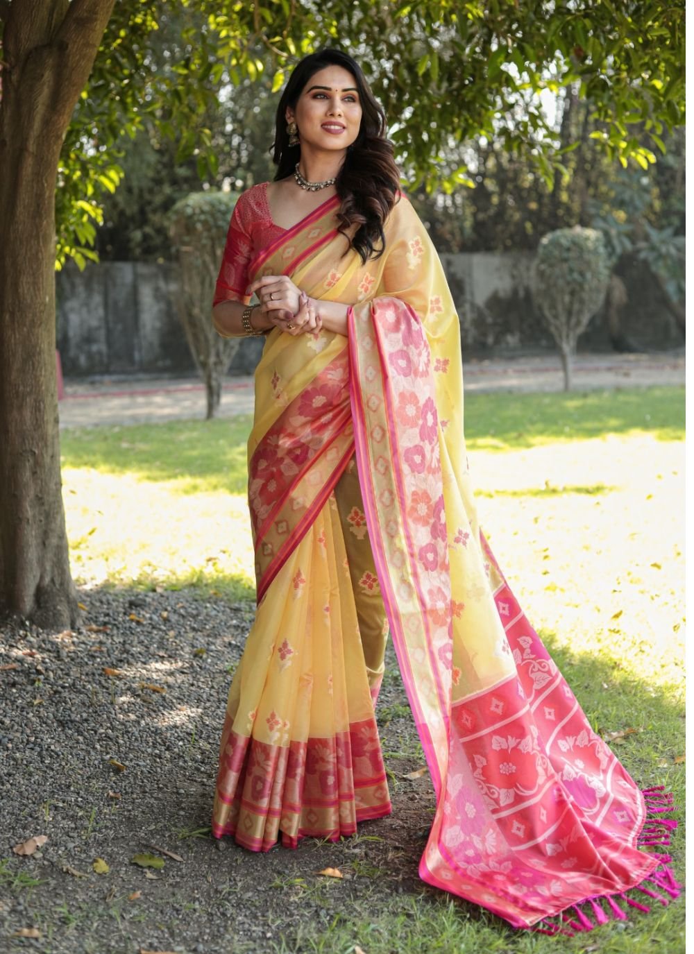 Uppada handwoven mustard yellow with pink pure silk saree with butti work