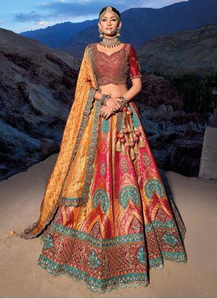 Pink Banarasi Silk Embroidered A - Line Lehenga