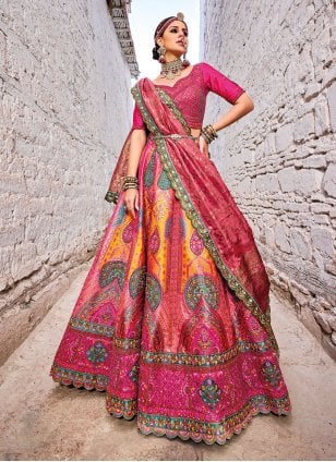 Pink Banarasi Silk Embroidered A - Line Lehenga