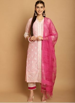 Pink Chanderi Embroidered Pant Style Suit
