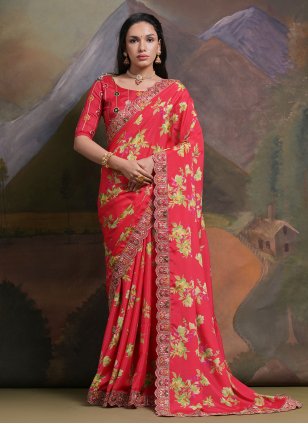 Pink Chinon Embroidered Designer Sari