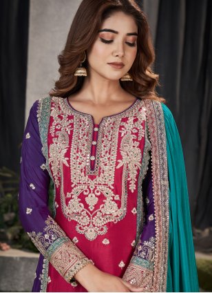 Pink Chinon Embroidered Readymade Salwar Suits