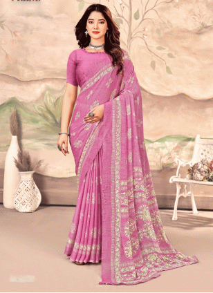 Pink color Chiffon Traditional Saree with Printed work