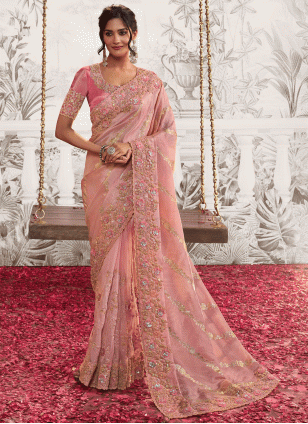 Pink color Traditional Saree with Embroidered work