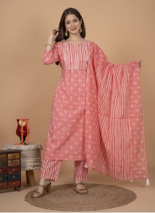 Pink Cotton  Embroidered Readymade Salwar Suits