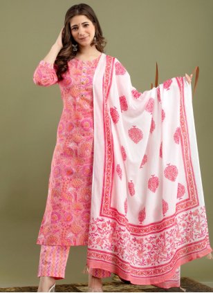Pink Cotton  Printed Readymade Salwar Kameez