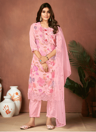Pink Fancy Work Readymade Salwar Kameez