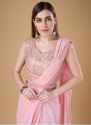 
                            Pink Georgette Border Designer Sari