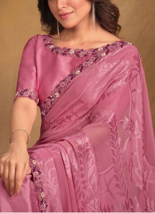 Pink Georgette Cord Work Contemporary Saree