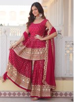 Pink Georgette Embroidered Readymade Salwar Suits