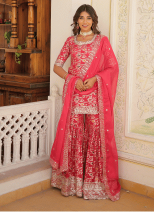 Pink Jacquard Embroidered Women's Readymade Salwar Suits