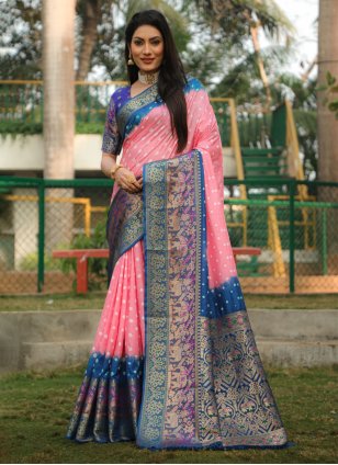 Pink Kanjivaram Silk Weaving Bandhani Saree