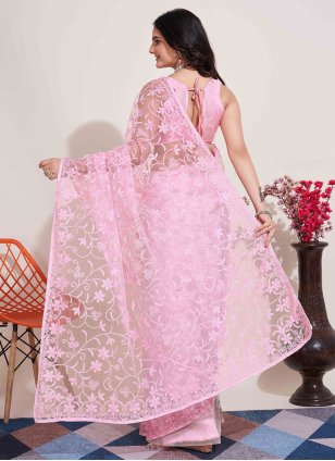 Pink Net Embroidered Casual Sari