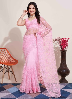 Pink Net Embroidered Casual Sari