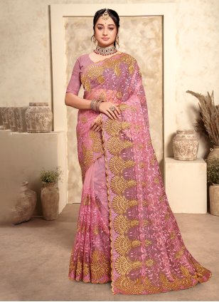 Pink Net Embroidered Contemporary Sari