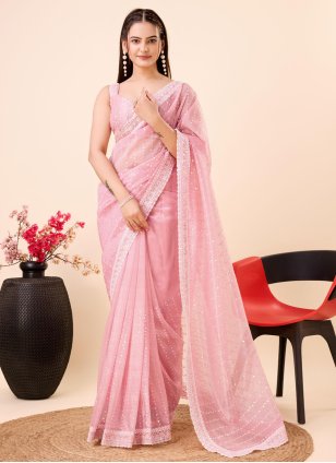 Pink Net Embroidered Contemporary Sari