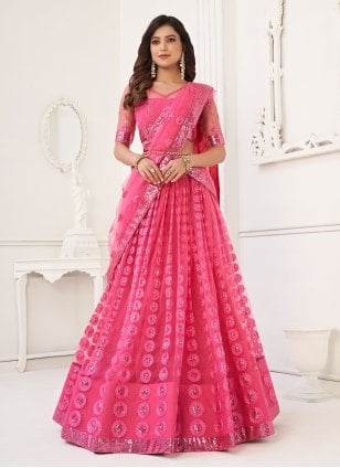 Pink Net Embroidered Lehenga Choli