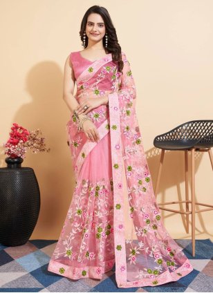 Pink Net Embroidered Trendy Saree