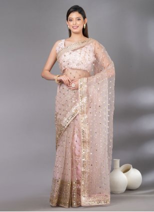 Pink Net Embroidered Trendy Sari