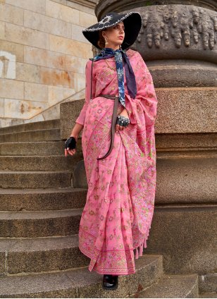 Pink Organza Weaving Contemporary Sari