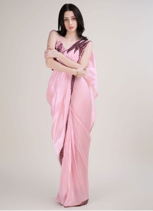 Pink Satin Border Contemporary Sari
