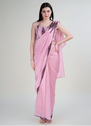 Pink Satin Border Trendy Sari