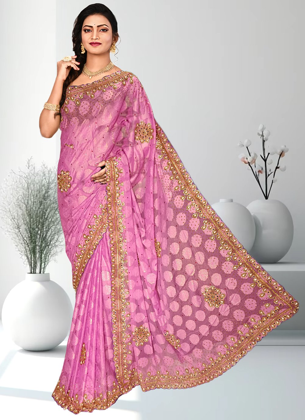 Glamming Blush Pink Colour Stitched Saree With Swarovski Work