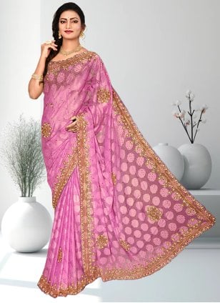 Pink Shimmer Embroidered Trendy Saree