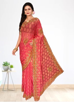 Pink Shimmer Embroidered Trendy Sari