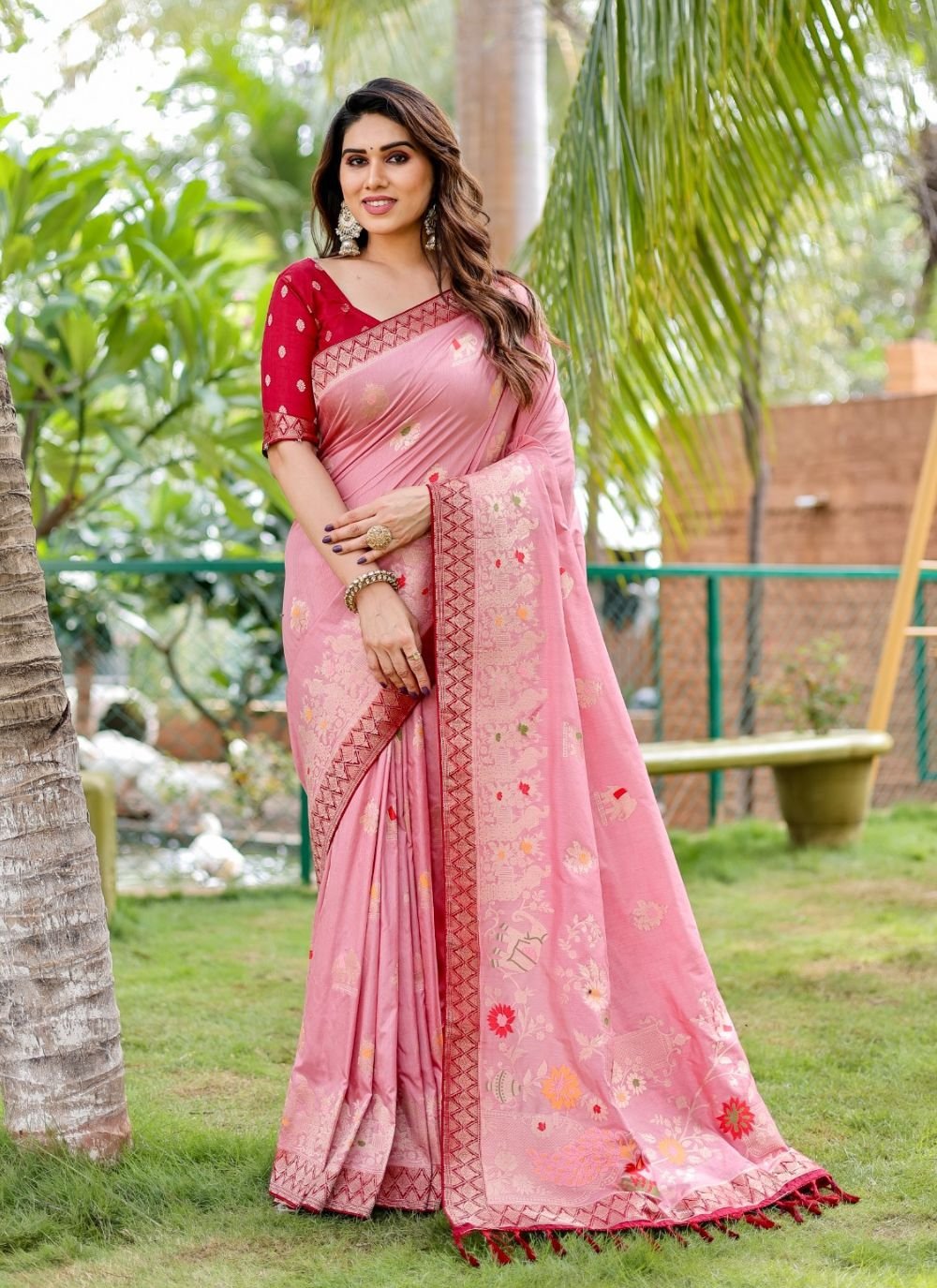 Buy Pink Silk Weaving Designer Saree Online : France 