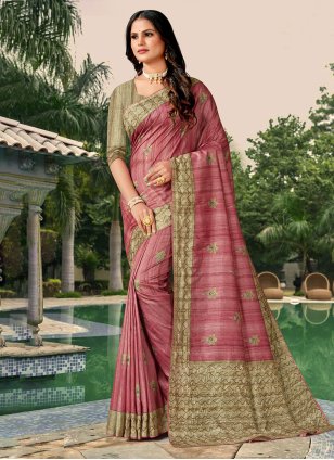 Pink Tussar Silk Katha Designer Saree