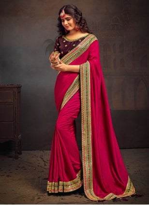 Pink Vichitra Silk Border Trendy Sari