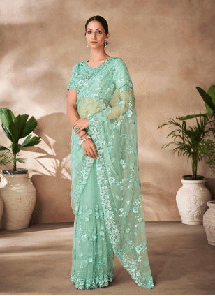 Pista green color Net Traditional Saree with Embroidered work