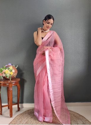 Pink handloom cotton jacquard border with stripes pallu saree – GoCoop