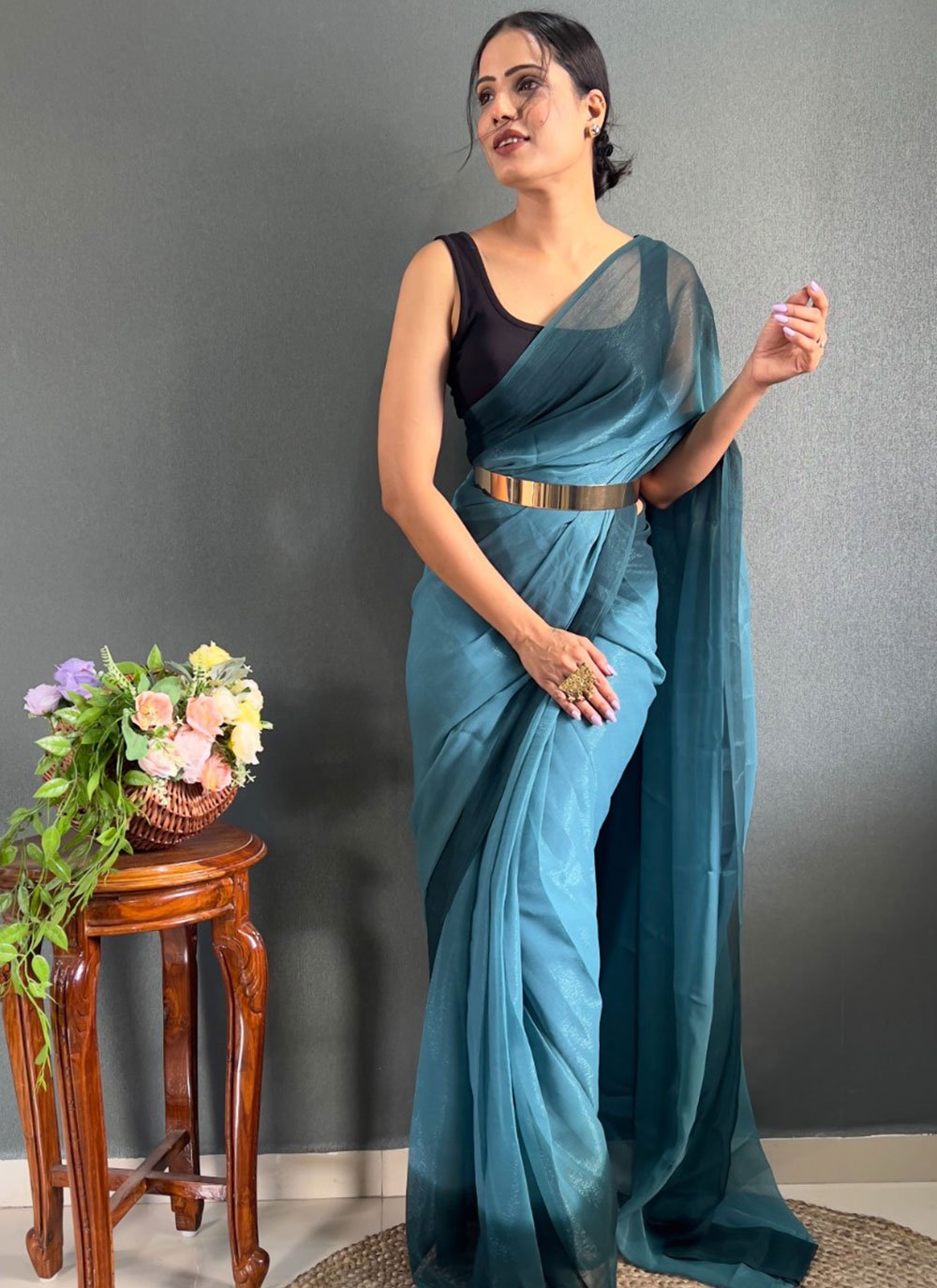 Exclusive Teal Blue Color Plain Saree With Work Blouse – Amrutamfab