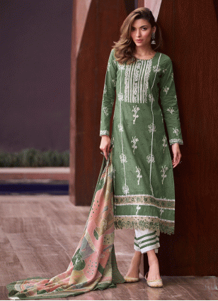 Prepossessing Dusty Green Embroidered work Salwar suit