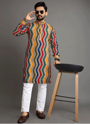 Printed Cotton  Kurta Payjama in Multi Colour for Men