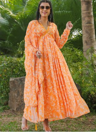 Printed Orange Georgette Gown