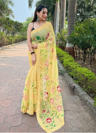 Printed work Black and Yellow color Art Silk fabric Printed Traditional Saree